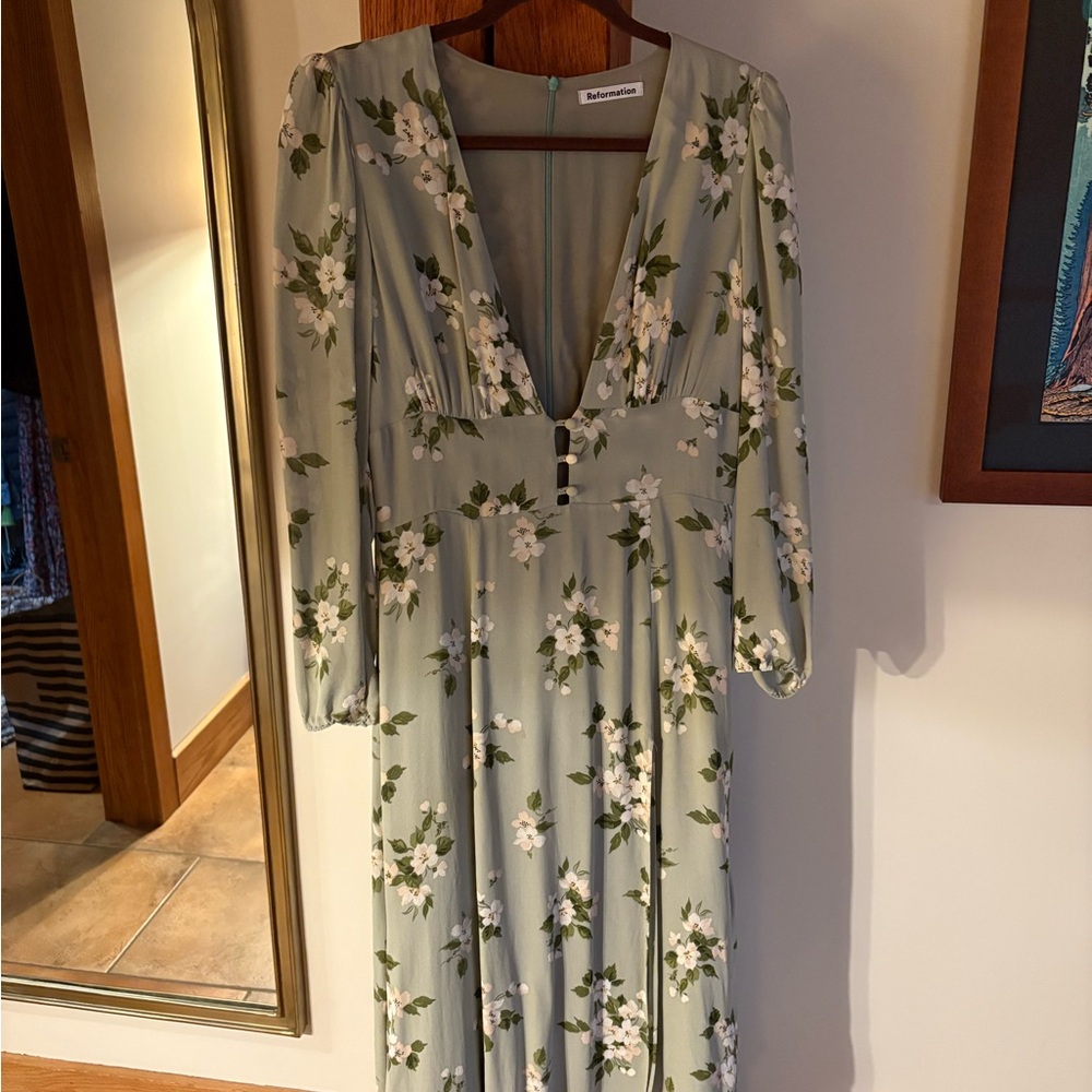 Reformation Green Floral Long Sleeve Dress